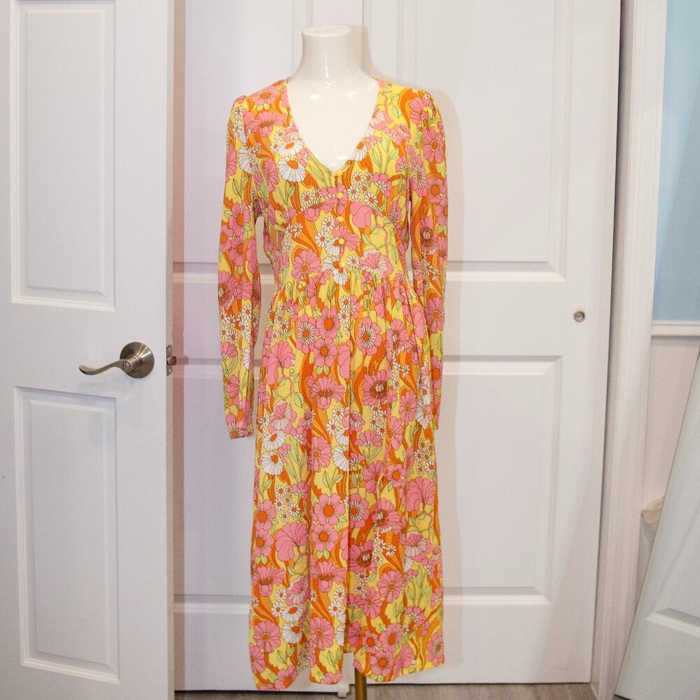 Monki Retro Floral Midi Dress – Long Sleeve, Size 38 (Fits M)